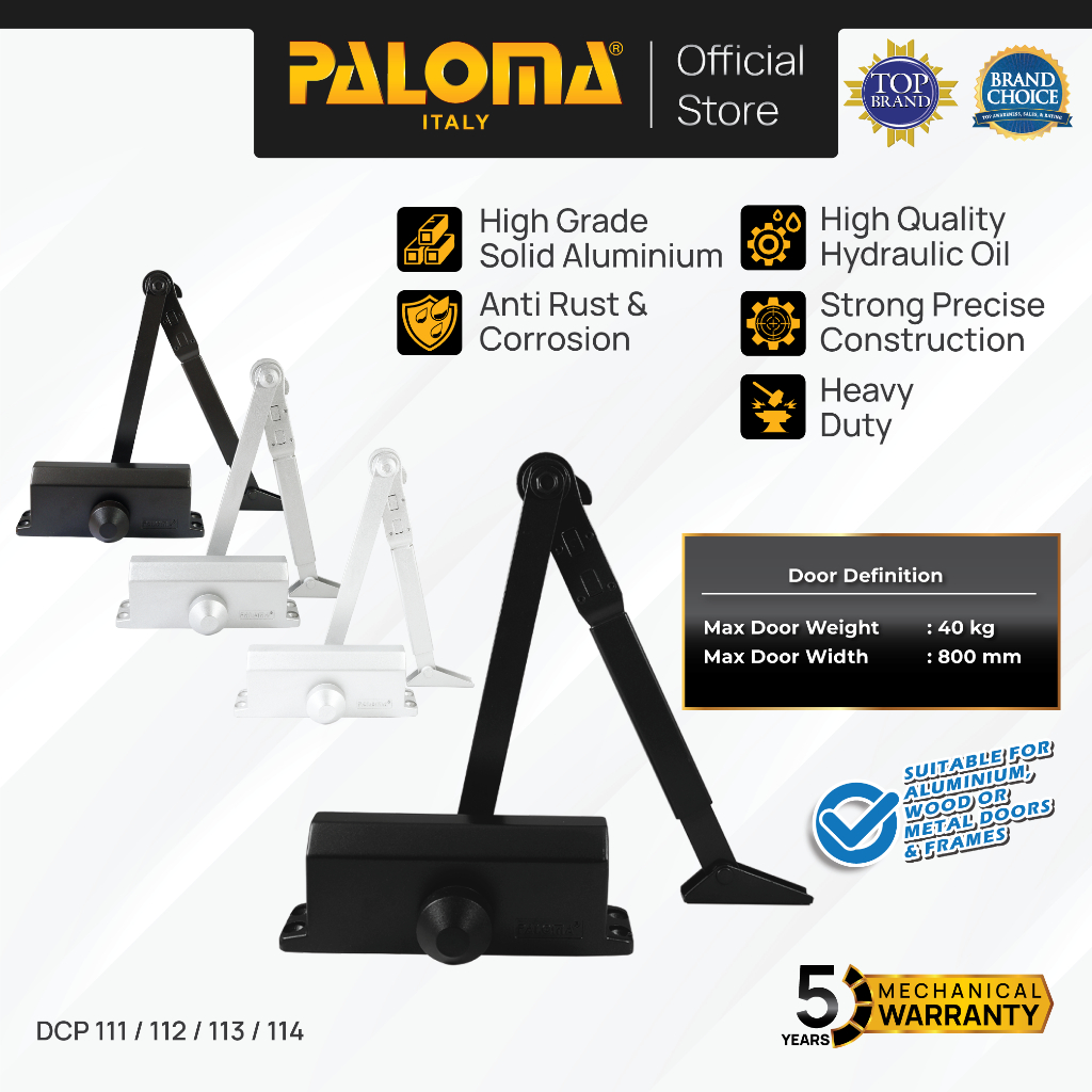 PALOMA Door Closer Penutup Penahan Pintu Otomatis Hydraulic Hidrolik Aluminium Chrome Krom Silver Grey Abu Black Hitam White Putih DCP 111 DCP 112 DCP 113 DCP 114 Harga 560,000 rupiah*Gratis Ongkir