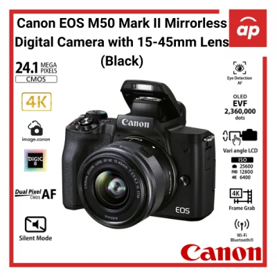 (12 + 3months Warranty) Canon EOS M50 Mark II (M50M2) Mirrorless Digital Camera with 15-45mm Lens + freegifts
