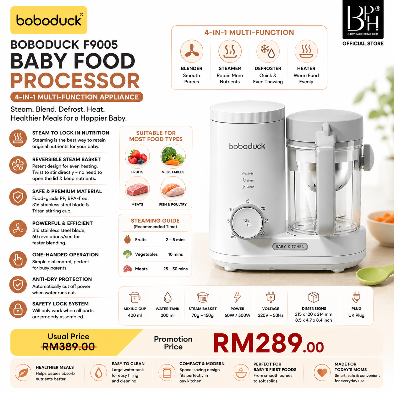 Boboduck 4-in-1 Multifunctional F9005 Baby Food Processor