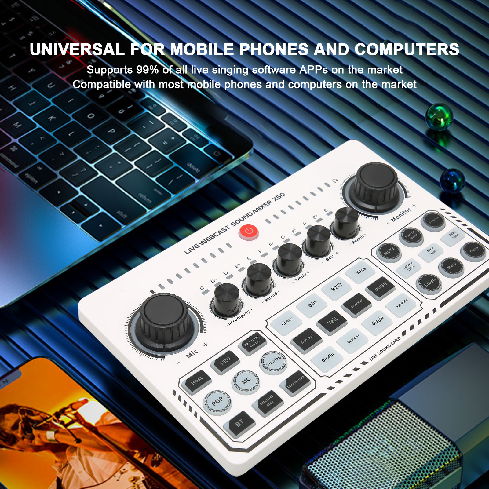 Bộ trộn podcast Card âm thanh USB Card âm thanh trực tiếp 12 hiệu ứng âm thanh ấm lên để phát sóng trực tiếp