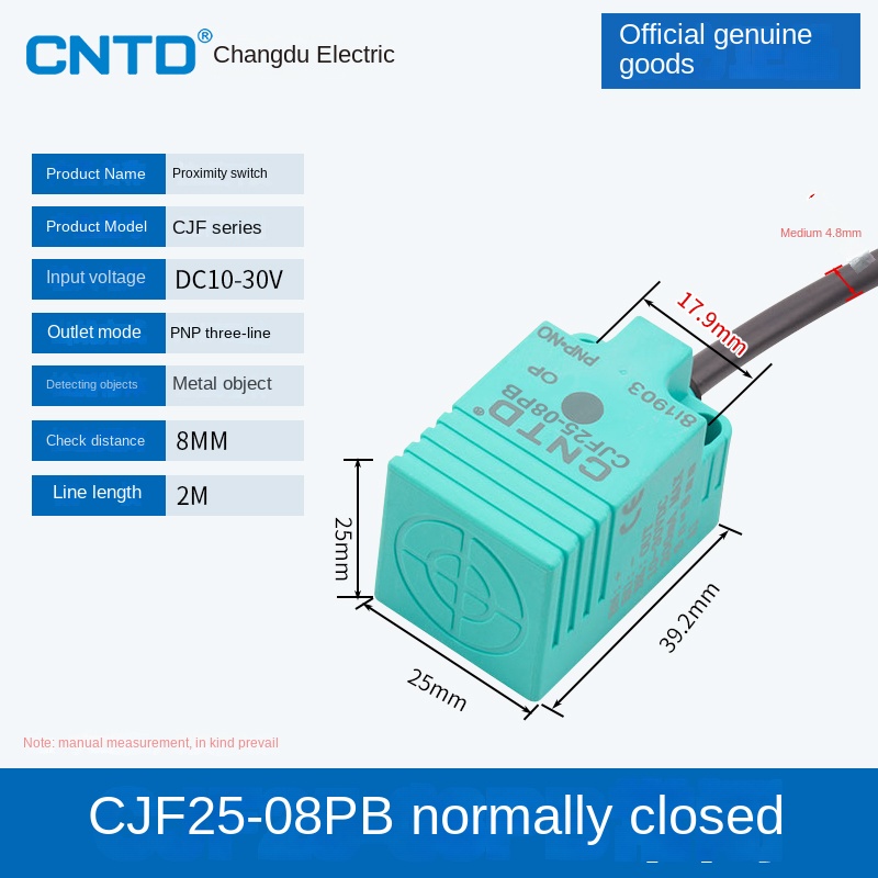 Cảm Biến Tiệm Cận CJF25-08PB CNTD | Tùy Chọn CJF18-05NA/NB/PA/PB/LA - NPN/PNP, 3 Dây DC, Phát Hiện Kim Loại 5-15mm Cho Tự Động Hóa