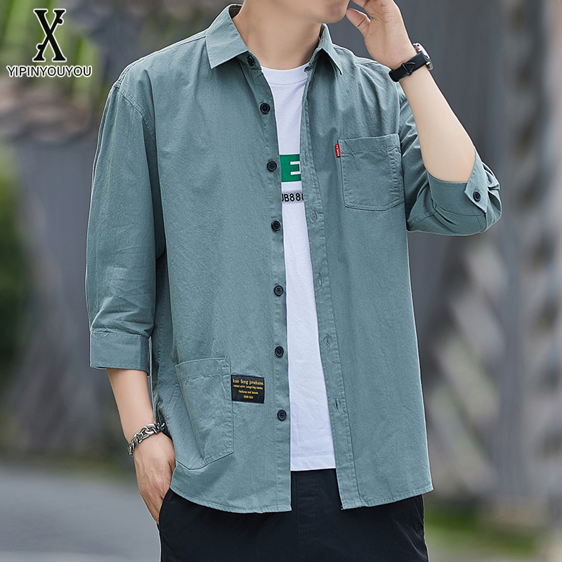 YIPINYOUYOU丨Áo Nam Thường Ngày phong cách nam bảy-quý tay áo Áo khoác dáng rộng mới nhiều túi dụng cụ giản dị Ins Áo Cổ LậT