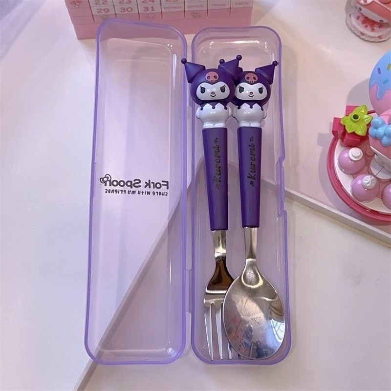 COD Kuromi 2pcs/set Fork Spoon Stainless Steel Student baby EatingTableware Accessories Portable