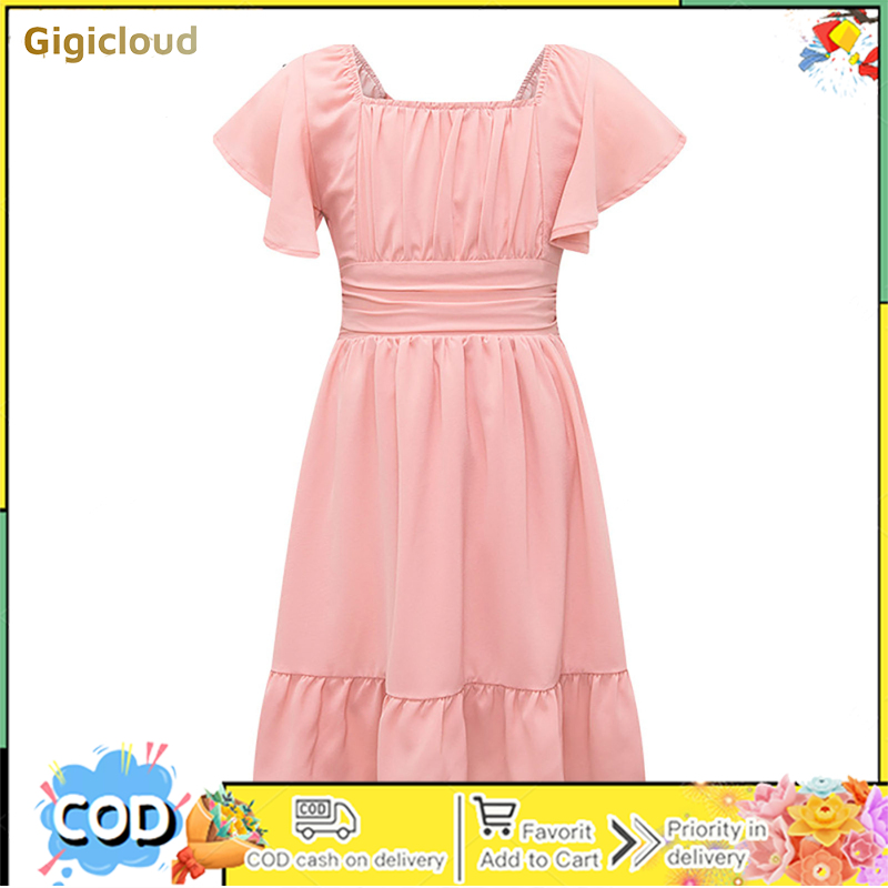 Girls Short Sleeve Dresses Square Neck Tie Back Ruffled Flared Dress A-Line Party Dress Casual Midi Dress ราคา 476 บาท*ส่งฟรี