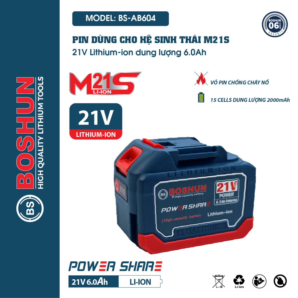 Pin Boshun/ makita 15 Cell có đèn báo pin - Pin máy khoan, máy mài, máy siết bulong, máy rửa xe