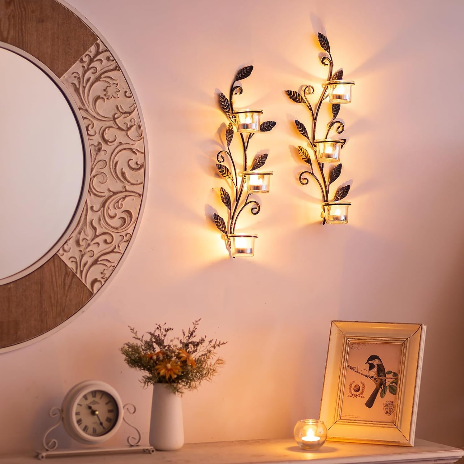 Đèn treo tường Sziqiqi, giá đỡ nến - Giá đỡ nến tường, đèn trà đen, bộ 2 đèn treo tường vintage cho 