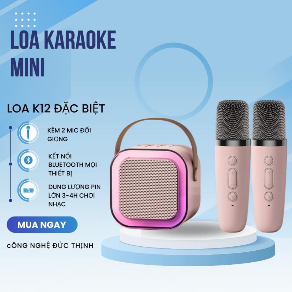 Bộ loa bluetooth kèm 2 mic có đèn Led - Loa karaoke Bluetooth Không Dây K12 mini