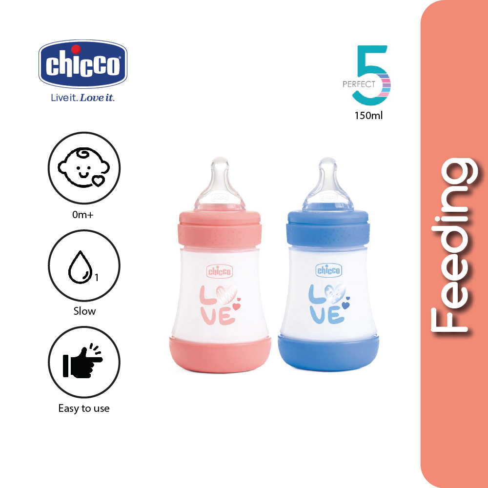 Chicco Perfect5/ Perfect 5 PP Silicone Feeding Bottle- 150ml/ 240ml/300ml (Pink/Blue) -1pcs