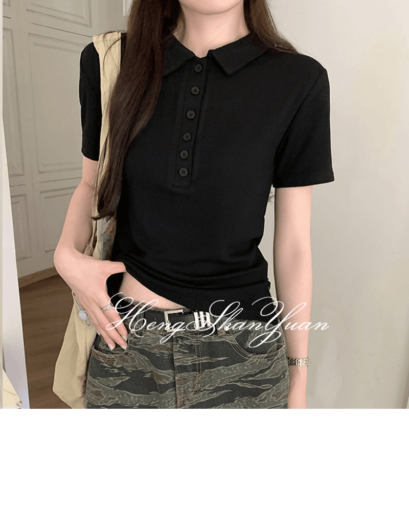 Hengshanyuan phong cách polo cổ áo phông ngắn tay cho phụ nữ, mùa hè hàng mới về, ôm vừa giản dị trang phục công sở với nút chi tiết