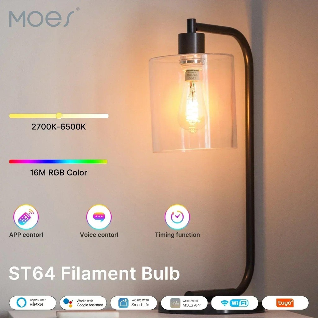 Moes Tuya WiFi สมาร์ท ST64 หลอดไฟ LED Edison 16 ล้าน RGB เปลี่ยนสี 2700K-6500K หรี่แสงได้ทํางานร่วมกับ Alexa/Google Home ราคา 543 บาท*ส่งฟรี