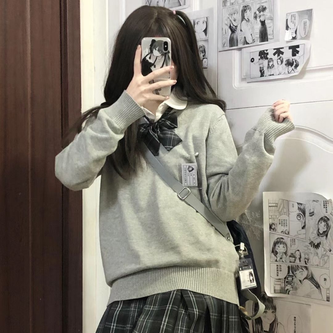 FC Phong cách đại học, bộ sưu tập mới mùa thu đông jk Áo len đồng phục v Áo len đan nhiều lớp tay dài có cổ cho bé gái - 7