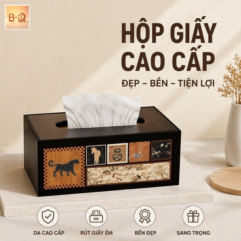 B-HQ Hộp khăn giấy bọc da PU cao cấp hộp giấy ăn chống bám bụi chống thấm decor nội thất phòng khách bàn trà