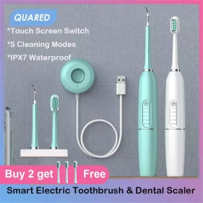 2 in 1 Electric Dental Scaler 5 Modes Ultrasonic Electric Toothbrush Plaque Remover Cordless Rechargeable Dental Calculus Tartar Removal Waterproof Tooth Cleaner