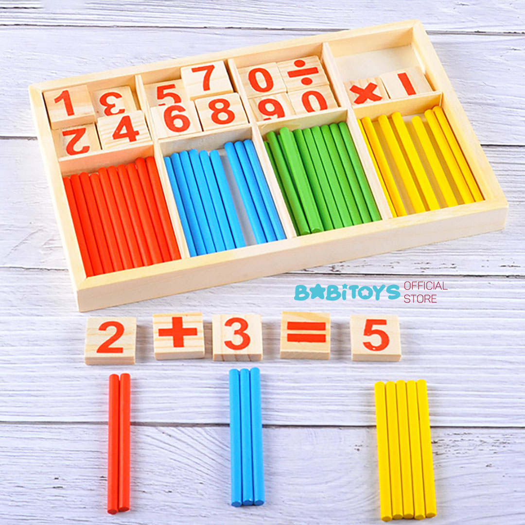 Hộp que tính học toán bằng gỗ - bảng tính que học toán cho bé học phép tính
