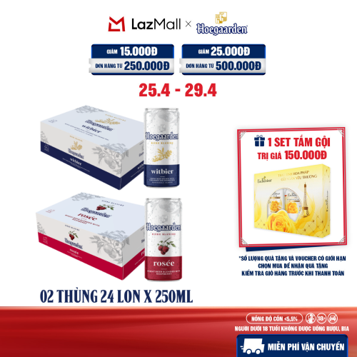 Thùng 24 Lon Bia Hoegaarden white bỉ thùng 24 lon (250ml/lon) và Thùng 24 Lon Bia Hoegaarden Rosée (250ml/lon)