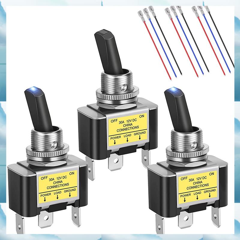 (JZVD) 3PCS ON Off Rocker Lighted Toggle Switch 30A 12V DC SPST 2 Position 3 Pin Blue LED Light Wired for Car Boat Automotive