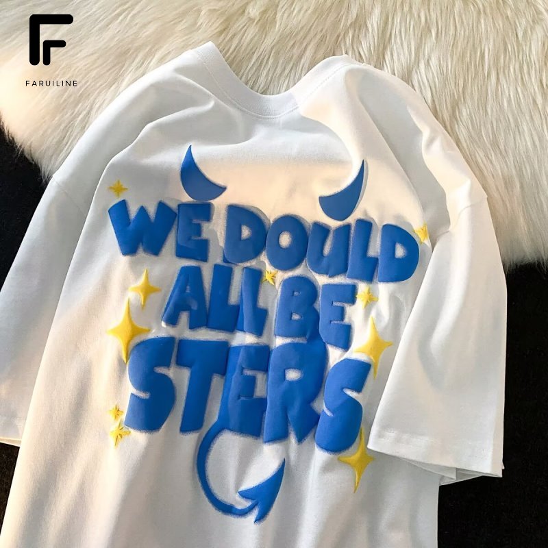 FARUILINE เสื้อยืดคอกลมลายตัวพิมพ์ สไตล์ฮิปฮอบยุโรป แขนสั้นทรงโอเวอร์ไซส์ เสื้อแฟชั่นชายหญิงใส่คู่ ราคา 149 บาท*ส่งฟรี