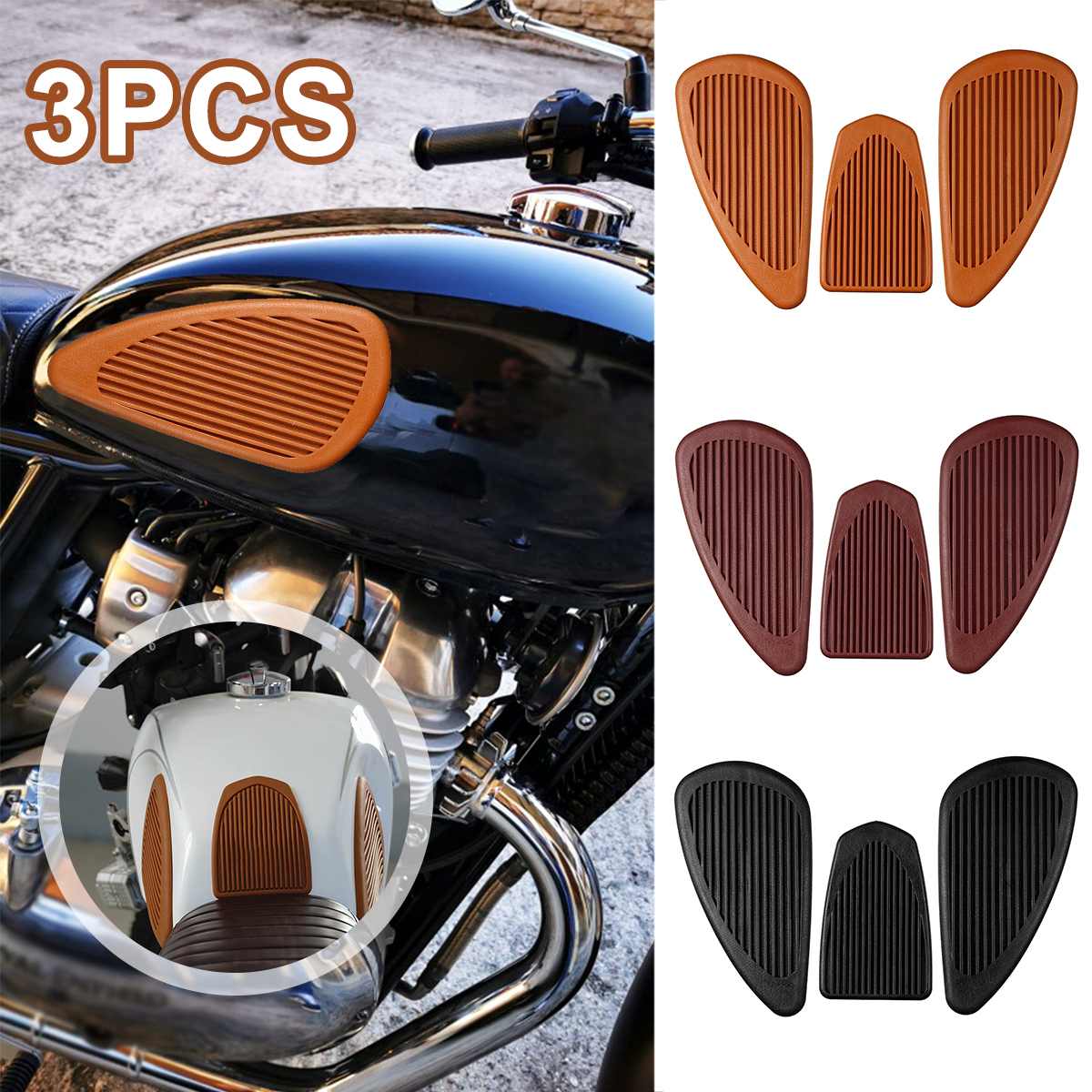 3Pcs/set Rubber Retro Motorcycle Pad Cafe Racer Fuel Knee Pad Protector Sticker Stripes Decal Motorb