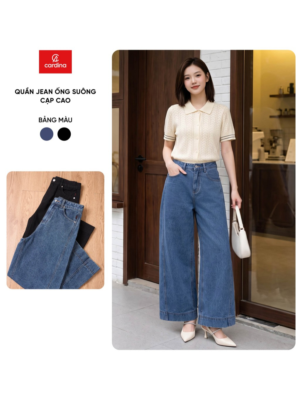 Quần jean nữ CARDINA  chất liệu denim ống suông cạp cao 6QJT15
