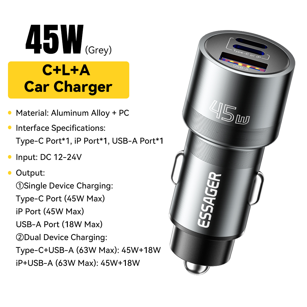 Essager IP Cổng sạc điện dùng trên xe hơi loại USB C Pd QC 3.0 Pps 45W Nhanh Chóng sạc điện thoại Ip