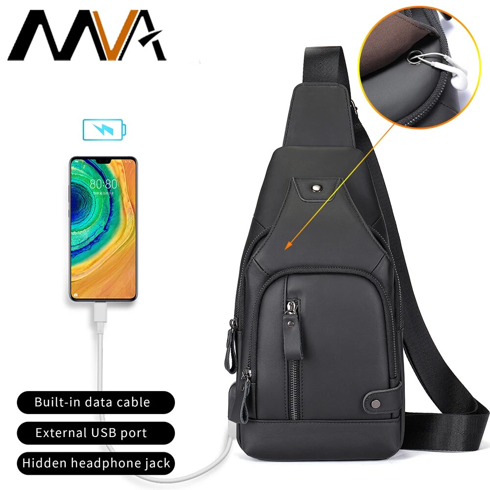 ZZOOI MVA Genuine Leather Sling Bag Men Crossbody Luxury Designer Chest Bags For Men USB Charging Waterproof Shoulder Crossbody Bags ราคา 1,400 บาท*ส่งฟรี