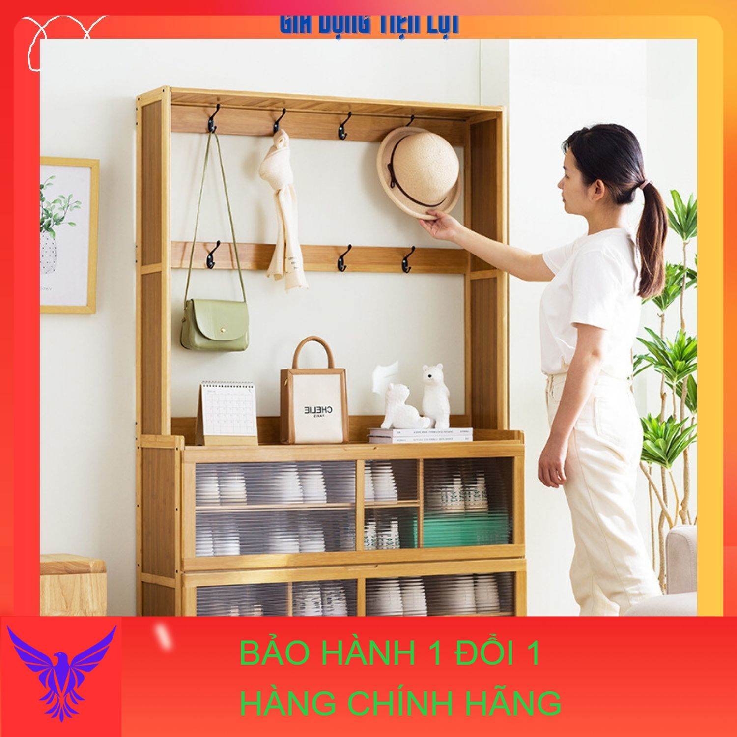 Tủ giày,Tủ thông minh kết hợp làm kệ trang trí decor gia đình, tủ sắp xếp giầy dép gỗ tre có móc treo đồ