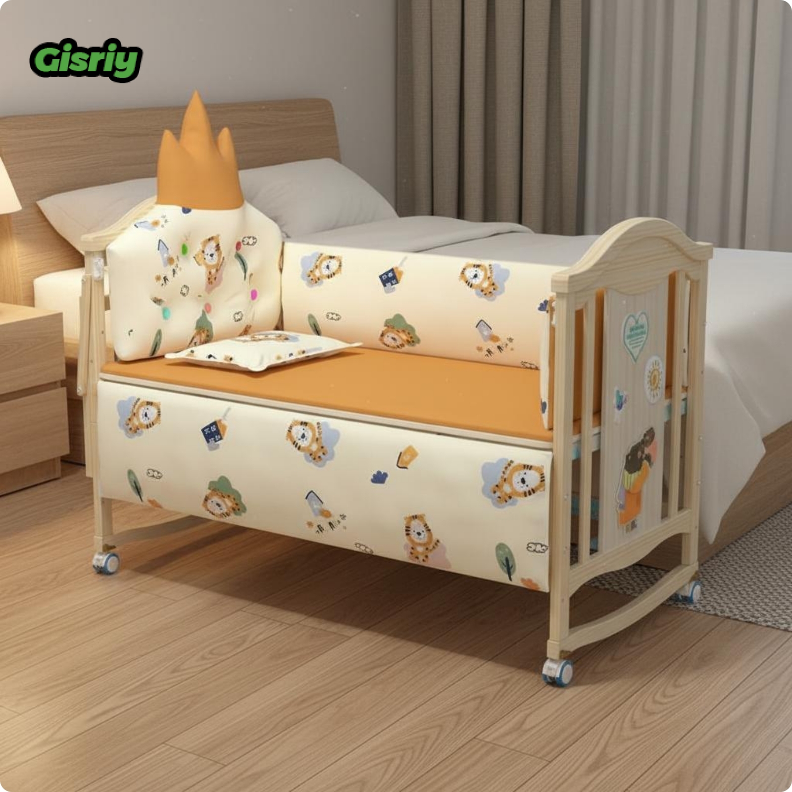 MagiDeal Multi Functional Wooden Crib Solid Wood Wooden Baby Crib Wheeled Design Movable Baby Bed Height Adjustable for Newborns Babies Infants Nursery Bedroom
