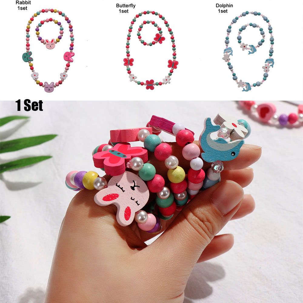 1972YAN1 1 Set Resin nhựa Quà tặng sinh nhật cho trẻ em Đồ thủ công trang sức công chúa Đồ chơi hạt bé gái Vòng cổ + Vòng tay Bướm hoa Vòng cổ làm bằng tay cho bé