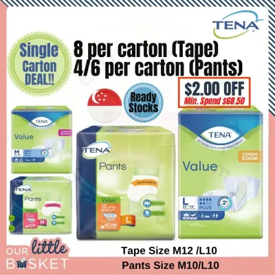 TENA Value Adult Tape Diaper (Carton Deal |8 packs) - M12pcs/L10pcs. Pants M10pcs/L10pcs