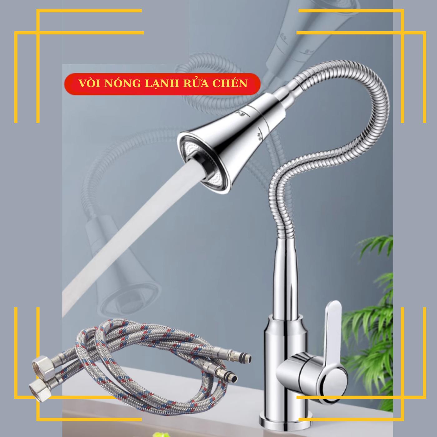 Vòi rửa chén nóng lạnh cần mềm gắn chậu cao cấp KENISI-VNLM24 cổ bi xoay 360 với đầu vòi 2 chế độ xả