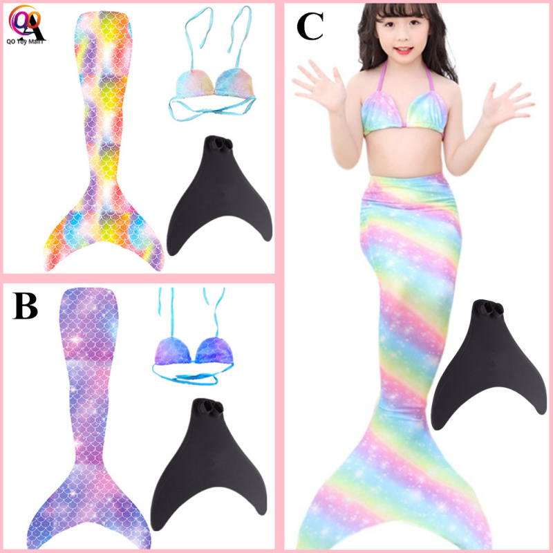 QO đồ chơi mall1 Hàng sẵn có 3 món đồ bơi trẻ em áo bikini Bộ Đồ Tắm Nàng Tiên Cá + đuôi + chân chèo cho lứa tuổi 3-12