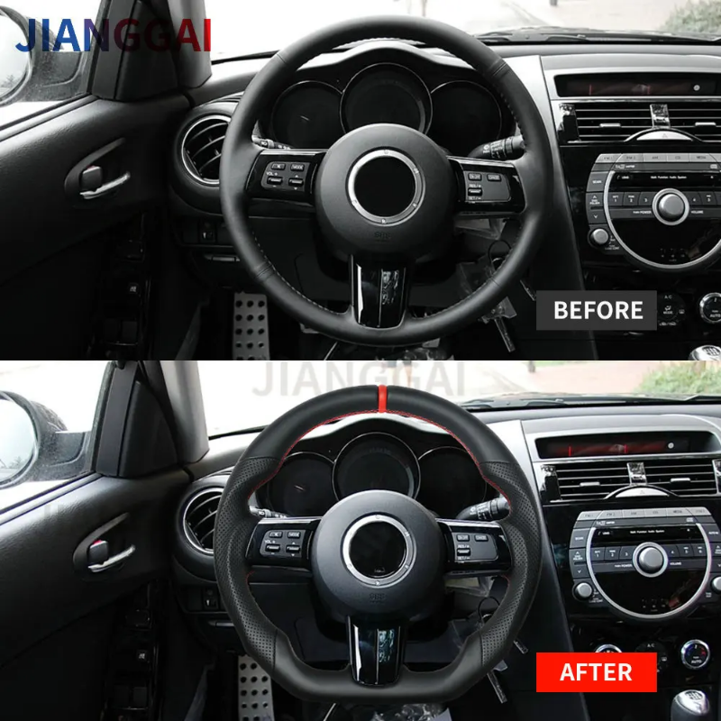 {fjgyj} Leather Car Steering Wheel Fit For Mazda RX8 RX-8 2008 2009 2010 Perforated Leather Steering Wheel Flat Bottom D-shape ราคา 20,096 บาท*ส่งฟรี