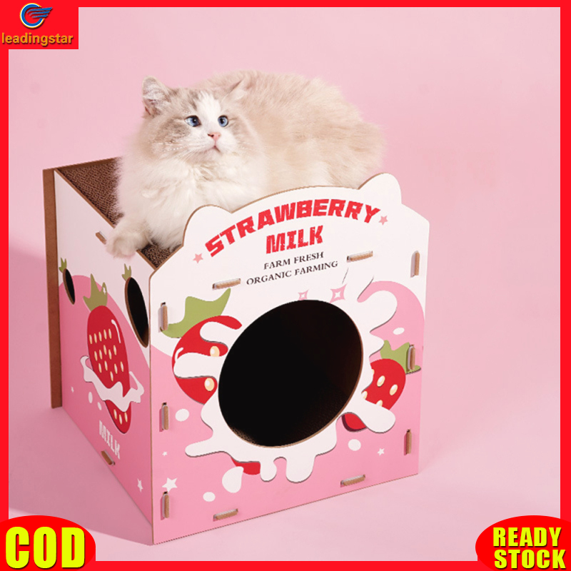 Cat House With Scratcher Pad, 14.8"x14"x17" Cat Cardboard House For Indoor Cats With Side Strawberry Hole, Double-Layer Corrugated Pet Nest For Kittens Small Animals ราคา 1,129 บาท*ส่งฟรี
