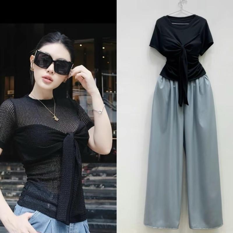  Set bộ Bigsize Nữ áo thun tay ngắn xoắn ngực kiểu nơ mix quần ống rộng eo chun lưng cao tôn dáng - SET968 