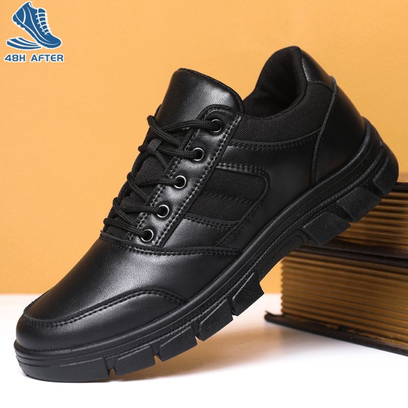 48H AFTER Men's leather shoes, black leather shoes, low-top tooling duty shoes, soft-soled patrol security shoes