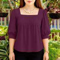 ZANZEA Korean Style Women Elegant Solid Color Square Neck Pleated Blouses 3/4 Sleeve Loose Top #1124
