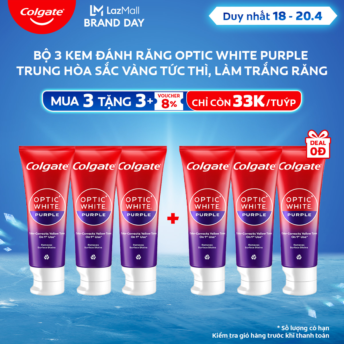 [Chỉ 18 - 20.4_Mua 3 tặng 3  Chỉ còn 33K/tuýp] Bộ 3 Kem Đánh Răng Colgate trắng răng Optic White Purple 100g - công nghệ sắc tím, hiệu chỉnh sắc vàng trên răng