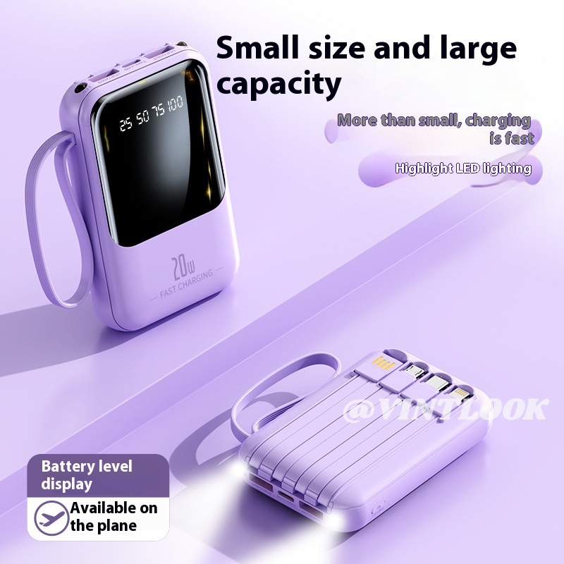 Vintlook mini pin sạc dự phòng với bốn được xây dựng trong cáp, 20000mAh dung tích lớn đồ sạc di động