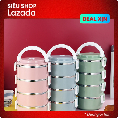 Cặp lồng bằng nhựa lúa mạch 4 tầng inox  - Hộp đựng cơm văn phòng giữ nhiệt, đựng được canh và nhiều món ăn.