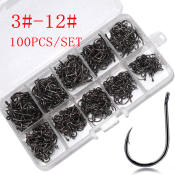 100Pcs Stainless Barbed Fishing Hooks Set, Sizes 3#-12#