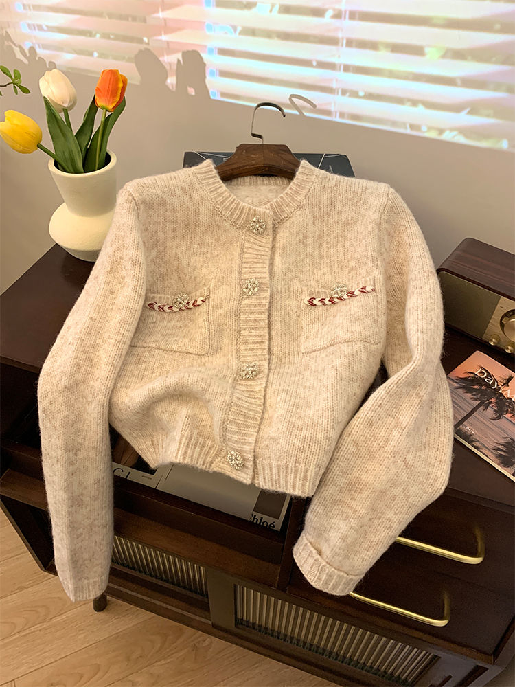 Nhỏ Phong Cách Pháp thơm cardigan Áo len Phụ nữ mùa thu-mùa đông lười biếng mềm mại sáp gấu trúc Áo 