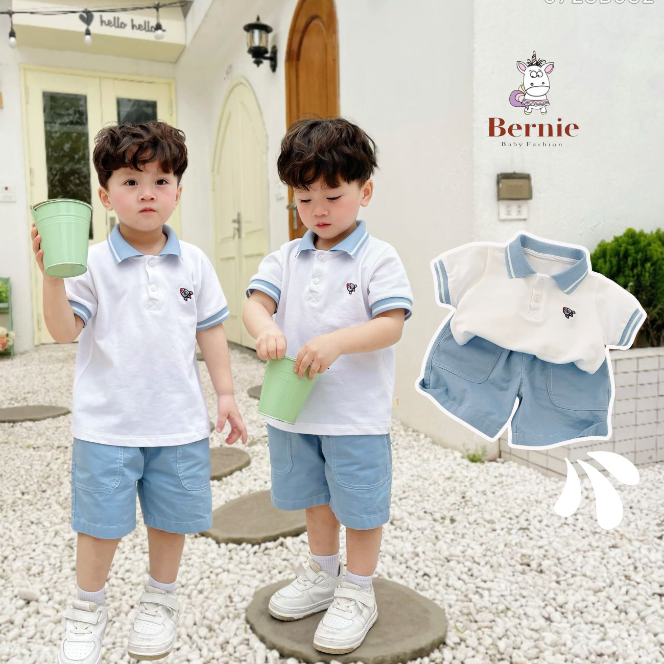 Đồ bộ polo cho bé trai áo thun polo kèm quần short thêu tên lửa BERNIE 0723B032