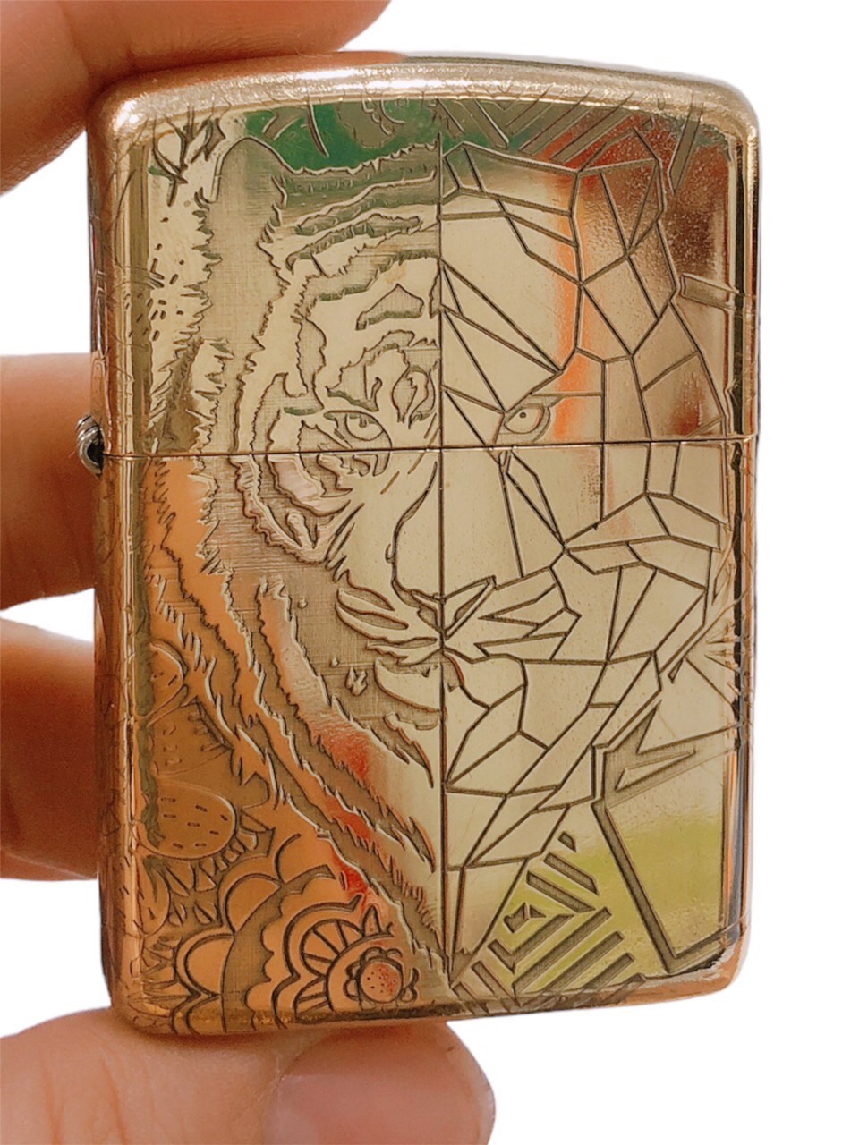 Bật lửa, hộp quẹt Zippo Armor vỏ dầy, khắc chìm chủ đề Đầu Mãnh Hổ hai mặt , Hàng loại 1 vỏ bằng đồng có tem đỏ