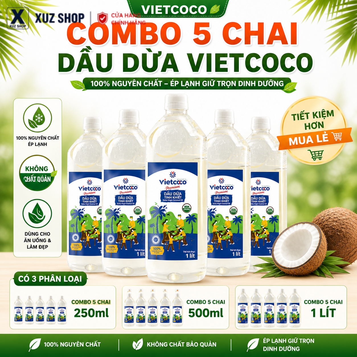 COMBO 5 Chai Dầu Dừa Organic Vietcoco – Tinh Khiết, Ép Lạnh, Dưỡng Da & Tóc,Massage,Dưỡng Môi