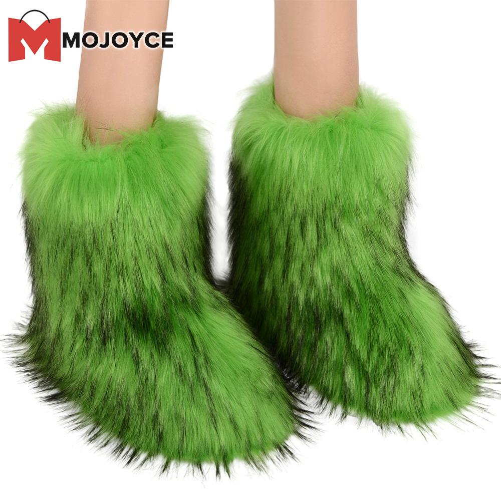 MOJOYCE Women's Fuzzy Faux Fur Boots Mid-Calf Winter Shoes Outdoor Flat Shoes Cozy Warm Footwear for Snow and Cold ราคา 938 บาท*ส่งฟรี
