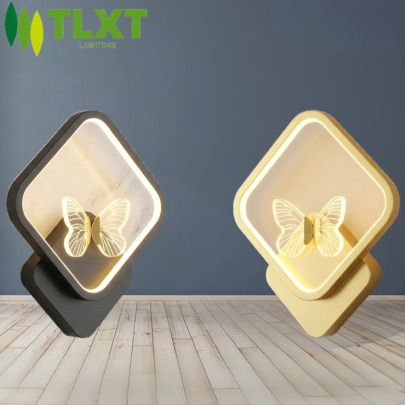 TLXT LED Modern Simple Square Wall Lamp Bedside Bedroom Living Room Corridor Lamp Gold Black 110V-220V 15W Tri Color Dimming