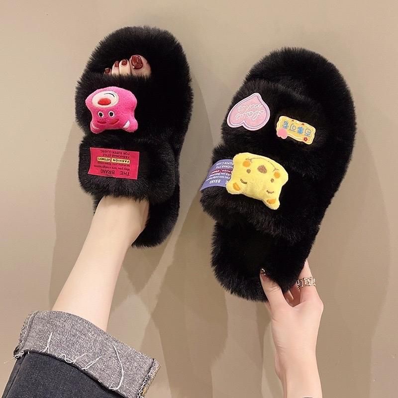 Dép lông quai ngang hình gấu dâu đế cao 4cm