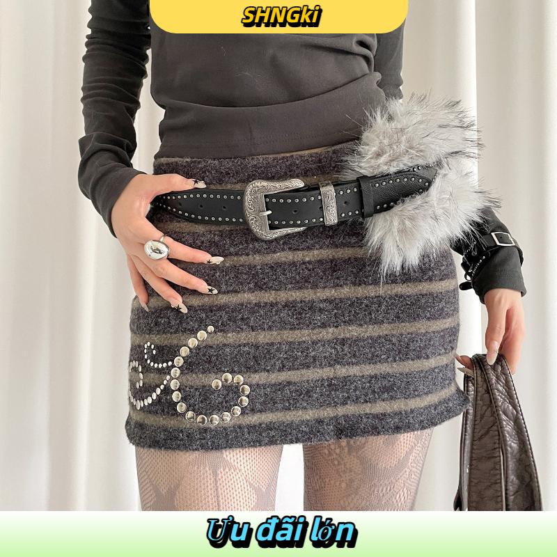SHNGki PU Studded Da Lông Vành Đai Giả Lông Thú Cay Cô Gái Phong Cách Lông Dây Thắt Lưng Hàn Quốc Phong Cách Jeans Trang Trí Nội Thất Y2K Dây Thắt Lưng