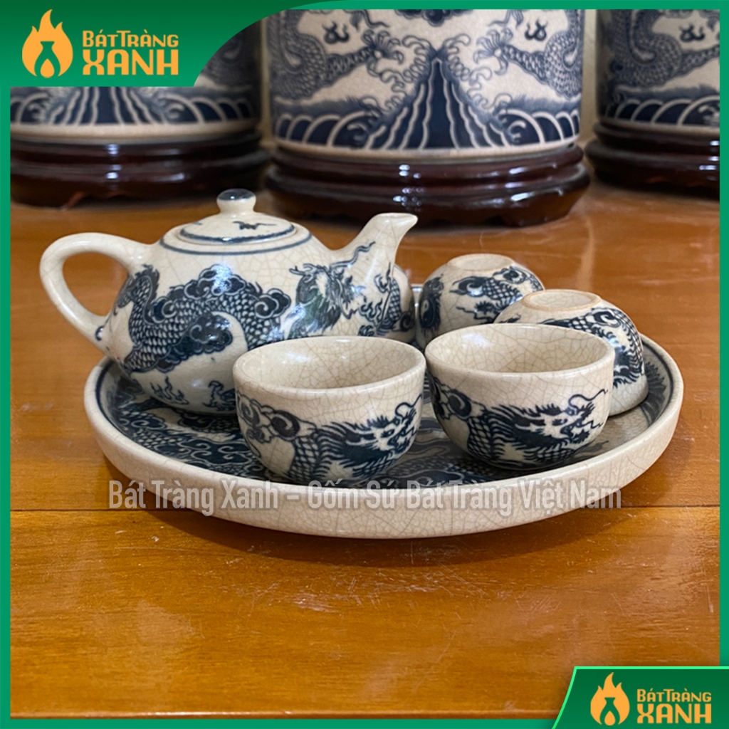 Bộ ấm chén thờ bát tràng men rạn phỏng cổ - ấm chén cúng mini 1 ấm 5 chén 1 đĩa