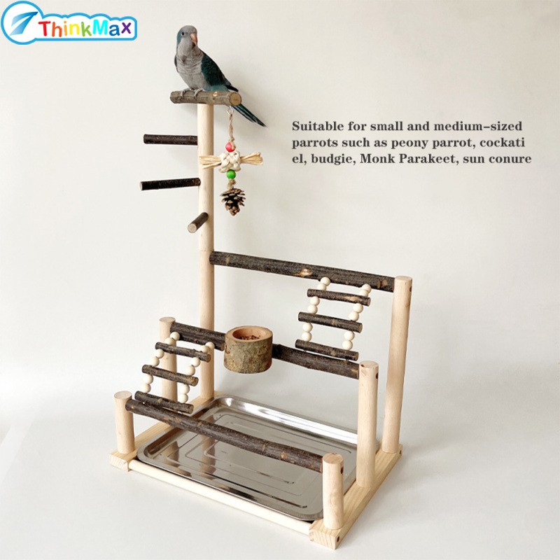 Bird Playground, Parrot Natural Wood Perch Stand With Stainless Steel Tray, Bird Play Gym Playpen With Ladder Feeding Cup For Parakeet Cockatiel - ยี่ห้อ Thinkmax ราคา 720 บาท*ส่งฟรี